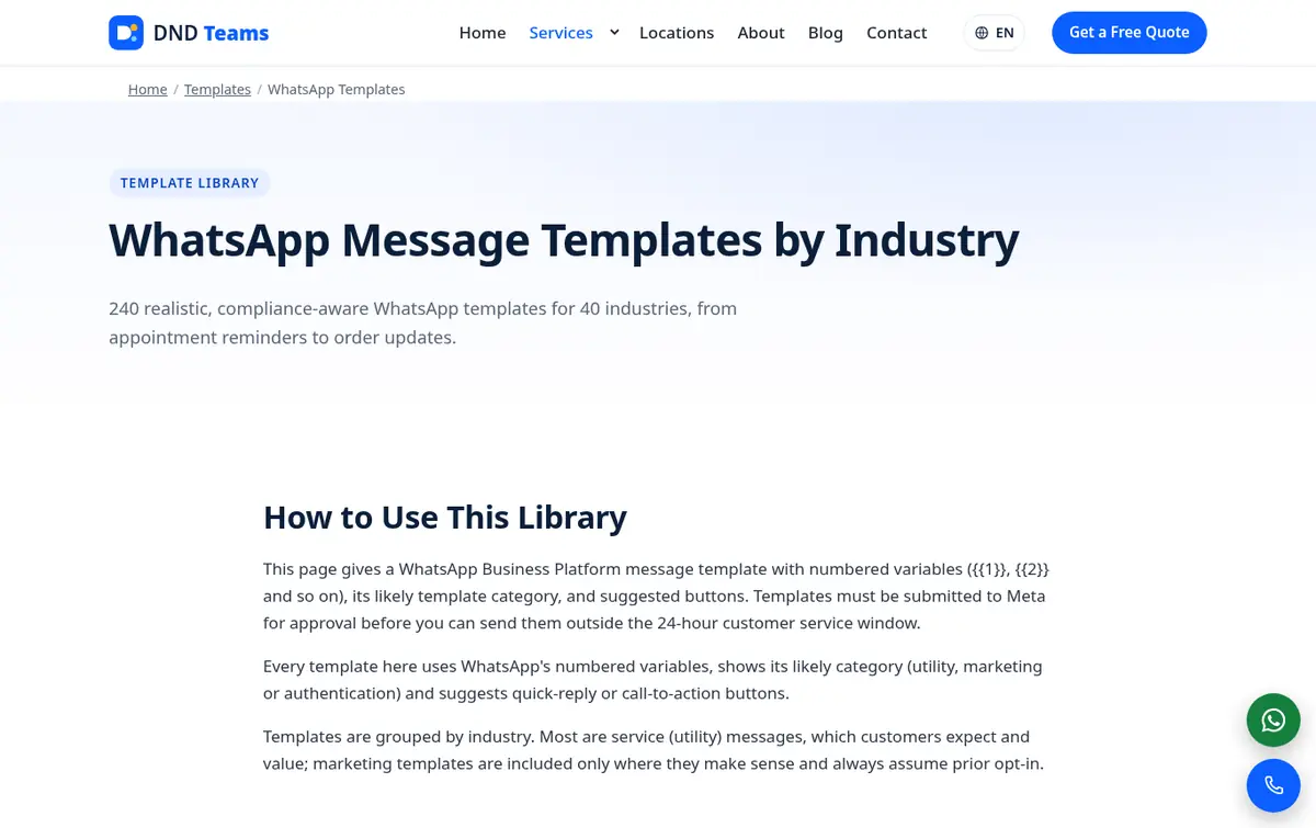 WhatsApp message template library on dndteams.com