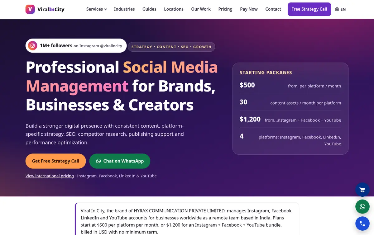 viralincity.com home page with starting packages in USD