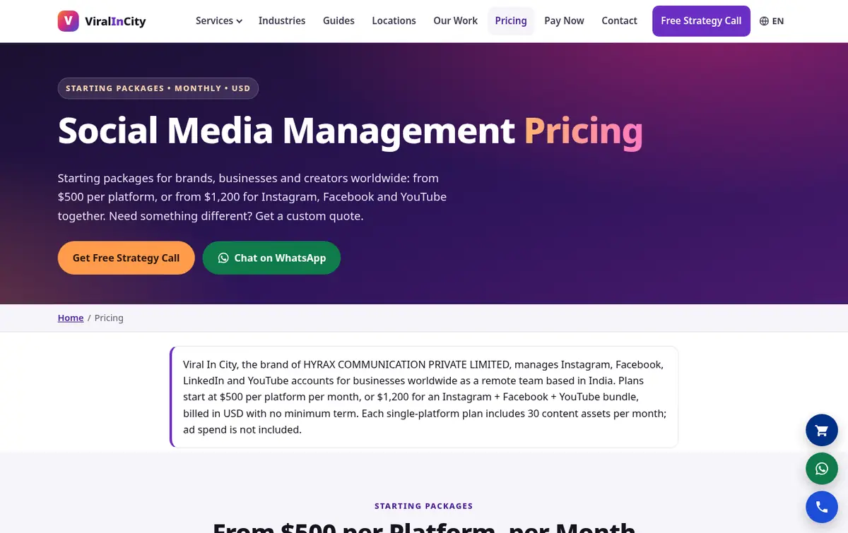 viralincity.com social media management pricing page